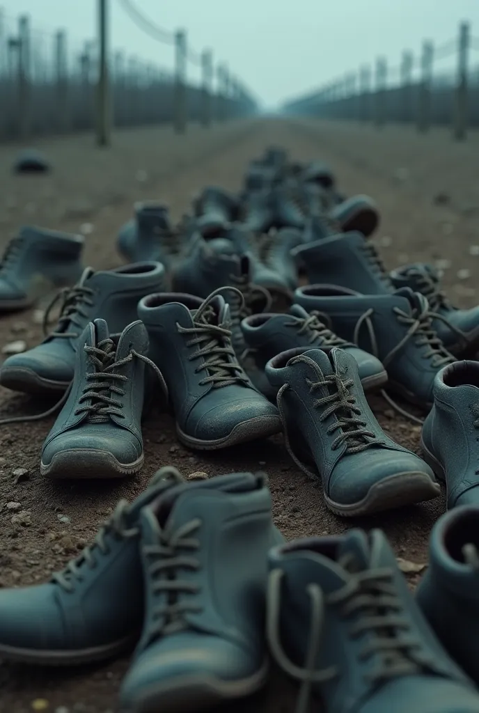 A dark and impactful scene of a pile of shoes scattered on the ground, in a barren and desolate terrain resembling a concentration camp. The shoes are haphazardly thrown around, some worn-out, others nearly new, representing an irreparable loss. The image ...