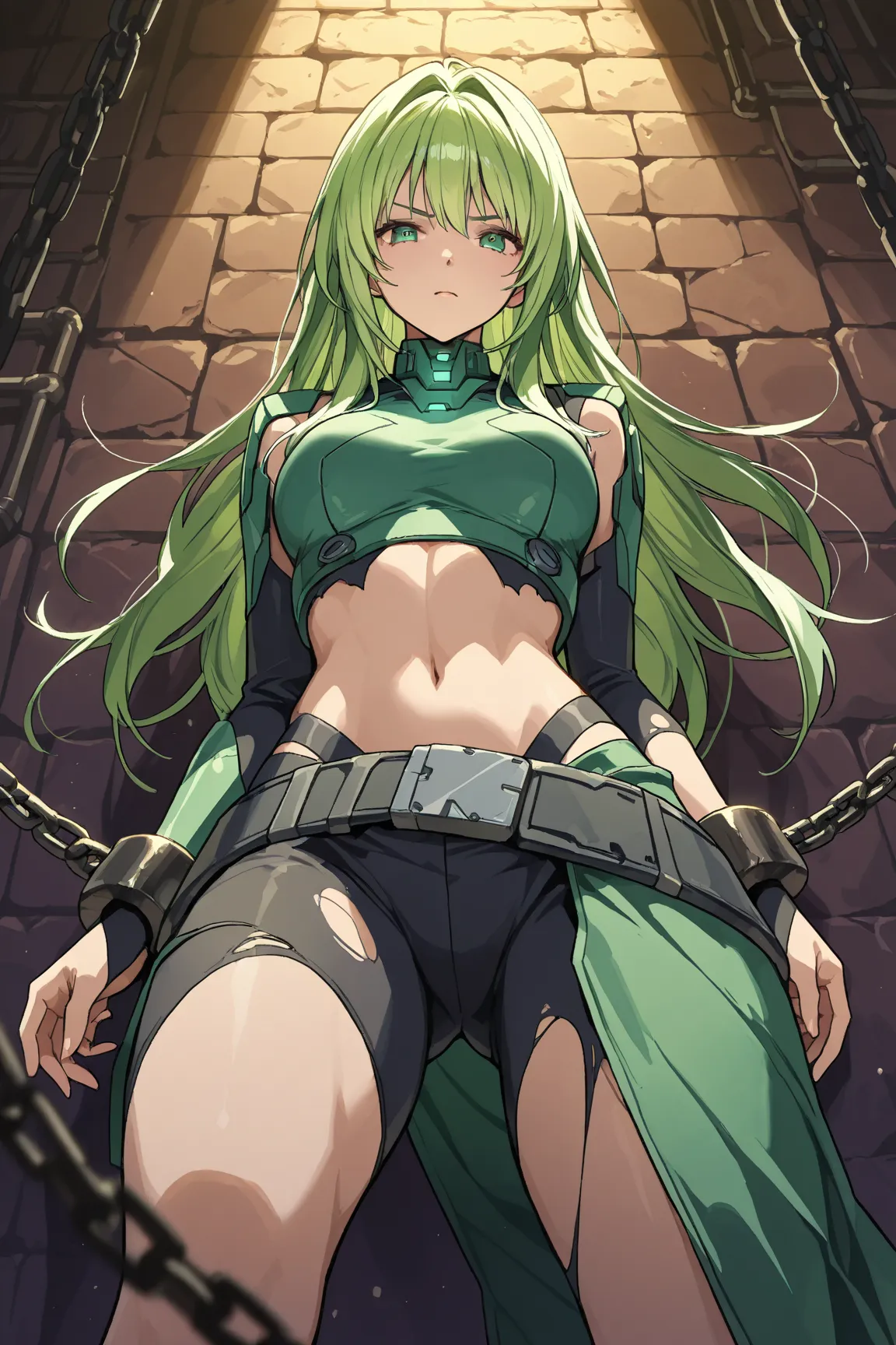 A science fiction woman with long green hair chained to a dungeon wall, torn clothing, in full view in a highly detailed anime style