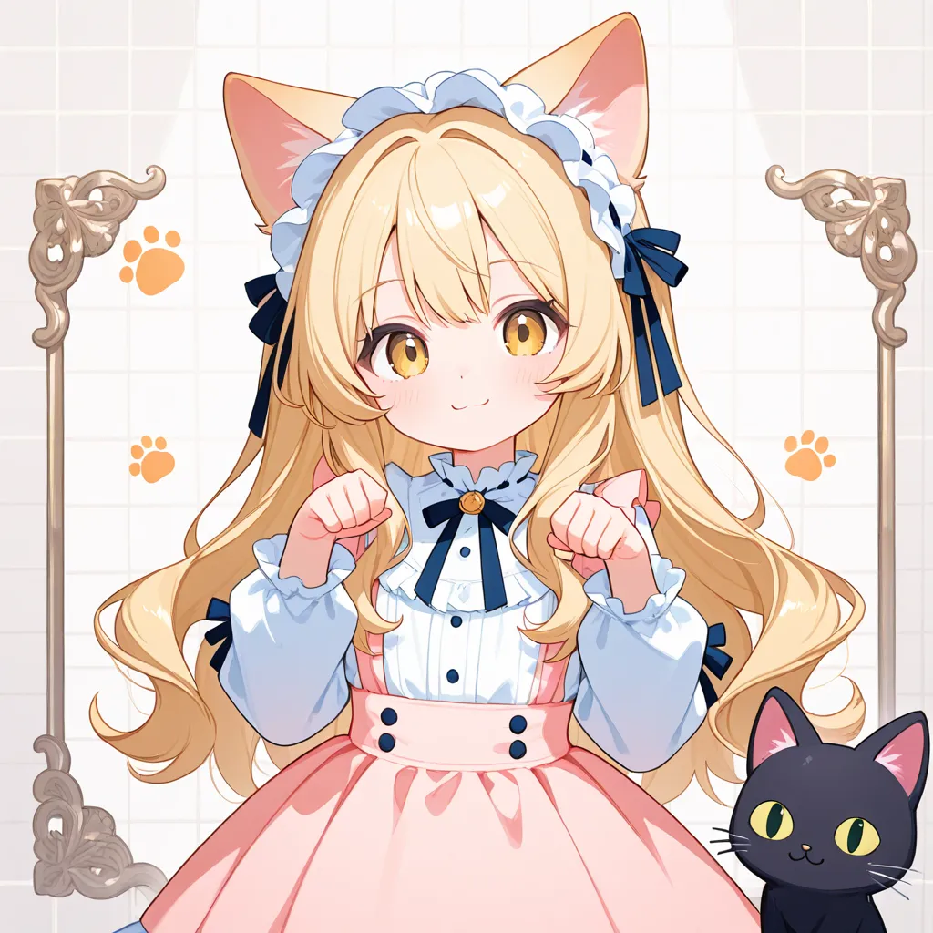 one girl、long wavy blonde hair、（Double sleeve long sleeve）、（ Cute clothes with lots of frills）、Hold a stuffed black cat、smile、paw pose,moody light,[tile pattern background ],top quality、high resolution
