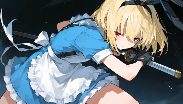 1girl, solo, standing, newest, highres, highly detailed, best quality, masterpiece, stylish pose,
(weapon, katana, holding sheathed katana:1.5, perfect katana), (light blue maid dress), white frill, white maid apron, black fingerless gloves, short sleeves,...