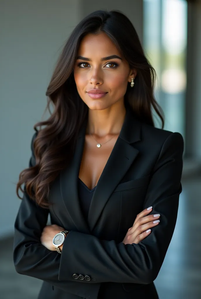 Create a Latin woman , suit, Realistic ,approximately 23 years old dark hair brown eyes ,medium height brown skin 