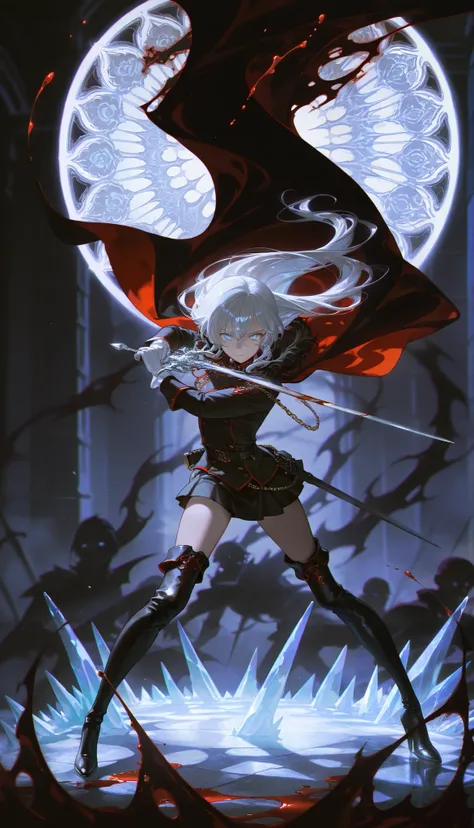 masterpiece,best quality,
A girl,long hair,flowing silver-grey hair,ice-blue eyes,royal sister,female focus,black skirt-style military uniform,miniskirt,white gloves,black outer and red inner cape,black thigh-high boots,red high-heeled boots,high heels,gol...