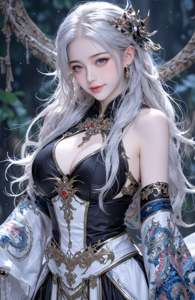 ((realistic on the hand, highest resolution, top quality, 8k, perfect anatomy, body)),  full body, Russian beauty with lovely big boobs, silver hair, silver eyes,  Clean skin, pale skin, A costume with a colorful dragon pattern, Gallery map, Sparkling road...