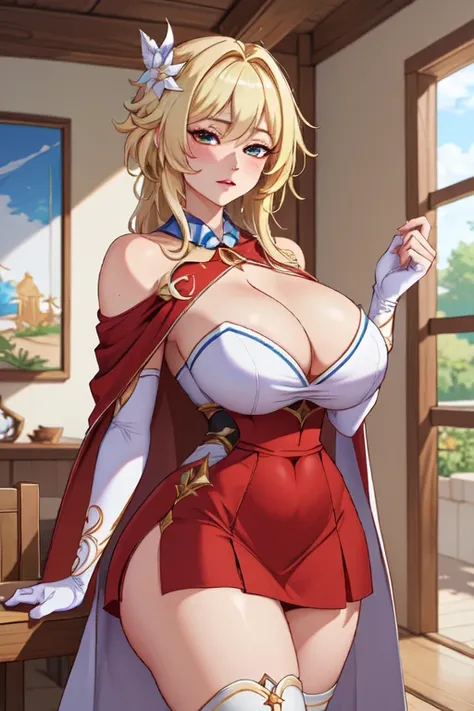 (masterpiece, best quality, absurdres, 4k, aesthetic, detailed, intricate),1girl,nikkecrwn, hair ribbon, 
Lumine from Genshin Impact, blonde hair,
hair ornament, red dress, cape, cleavage cutout, white overskirt, skirt, elbow gloves,




