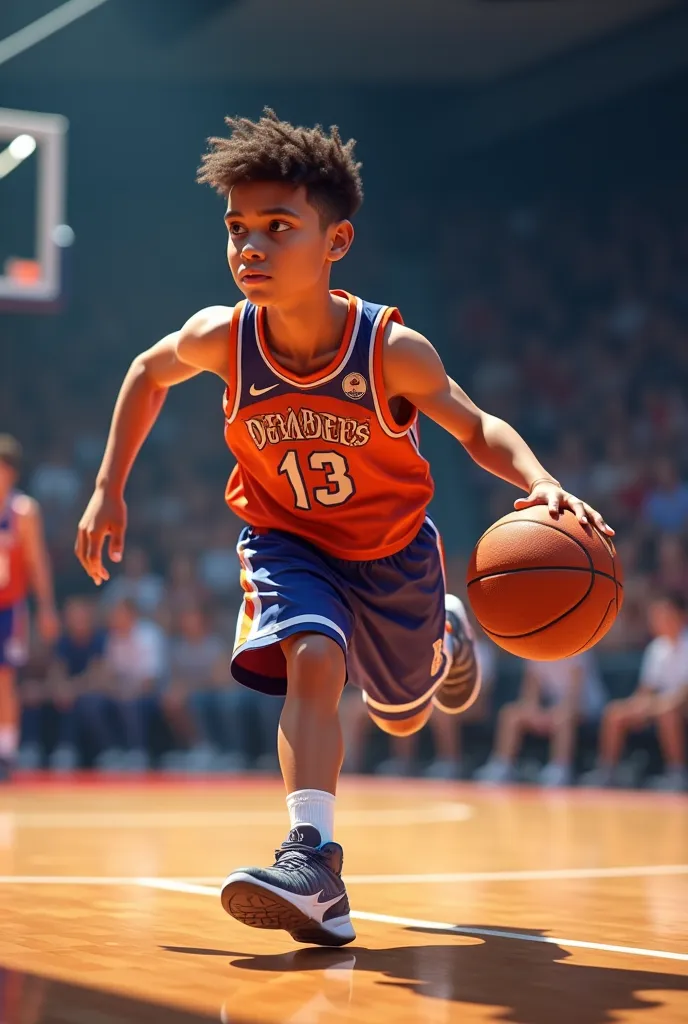 A young player with a number 13 jersey dribbling 