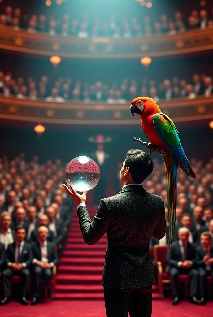 A magician play with boll and parrot in front of many people