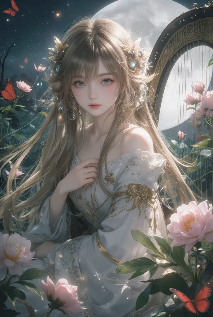 Golden-haired girl(release long hair)( jewel-like blue eyes, )There are pink peonies, sparkling behind, there is a moon, and there are fireflies flying around, at night, there are red butterflies flying around. The moon is behind the night atmosphere(Sitti...