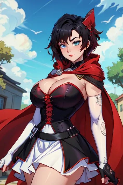 (masterpiece, best quality, absurdres, 4k, aesthetic, detailed, intricate),1girl,nikkecrwn,, hair ribbon, black hair,
Ruby Rose from Rwby, hair ornament, red dress, cape, cleavage cutout, white overskirt, skirt, elbow gloves,


