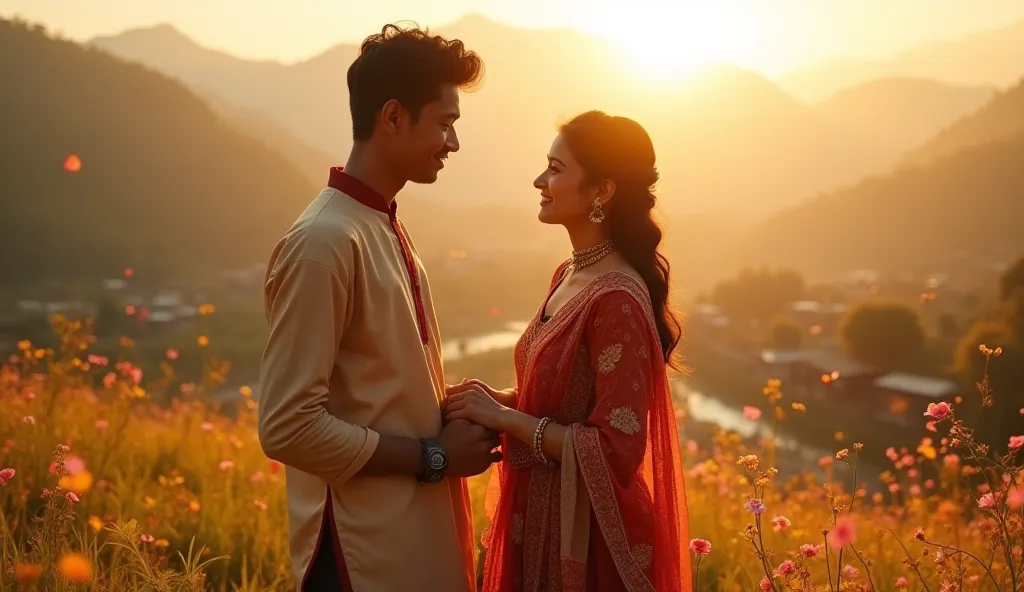  soft, romantic scene set in a beautiful Nepali hillside village during golden sunset. A young Nepali couple in traditional attire stands close to each other in a flower-filled meadow, their eyes locked in deep affection. The young man, wearing a Daura Sur...