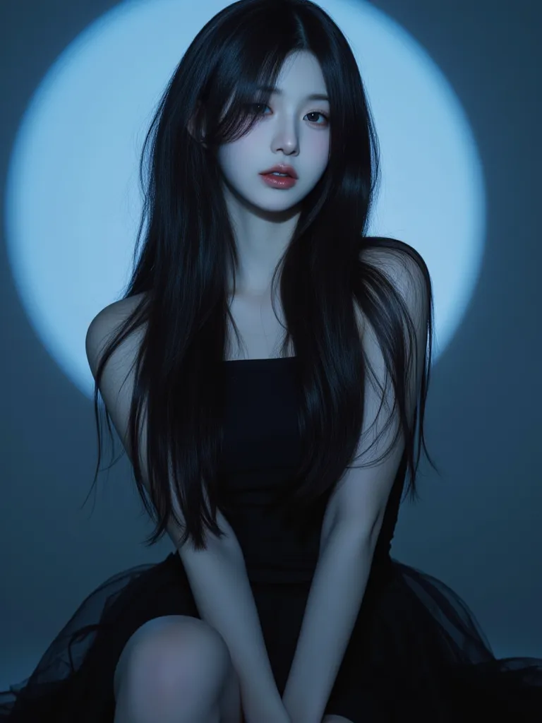 A kpop girl, korean, mid black hair, stunning, unique visual, looks like Jang Wonyoung, gorgeous,  Lucious hair, vampire, portrait, self-portrait, sitting, pretty, moonlight across the portrait