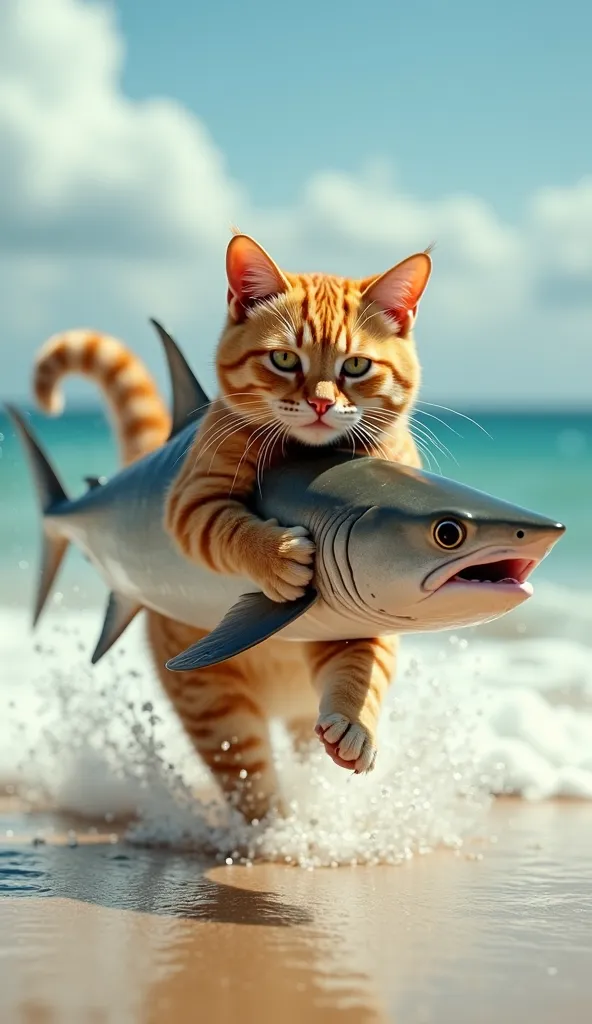 "A highly realistic and detailed scene featuring a strong, beautiful orange tabby cat running energetically out of the ocean onto dry land, directly toward the camera. The cat is slightly larger than a normal cat but maintains a realistic feline appearance...