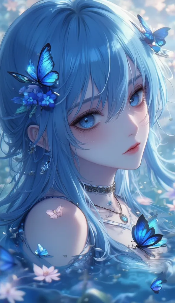 masterpiece,best quality, aberration,film grain,high contrast,color contrast,cold colors,gritty,graphite \\\\(medium\\\\),
isekai joucho,1girl,butterfly,bug,long hair,hair ornament,solo,blue butterfly,hair flower,water,partially submerged,flower,bare shoul...