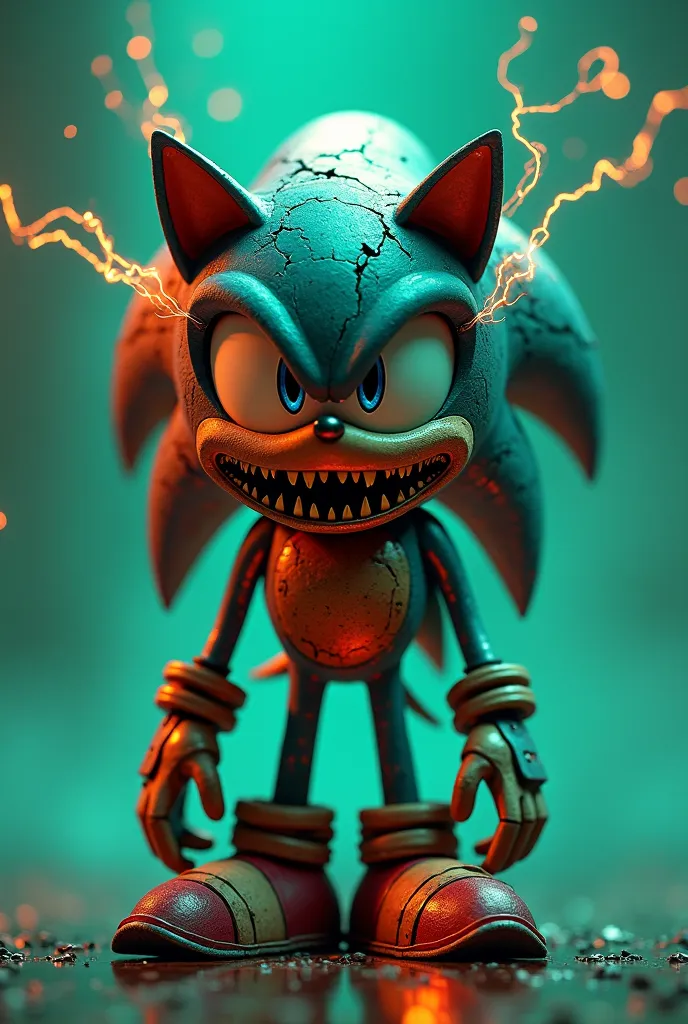 A 3D horror version of the character Sonic. Sonic is rusty and covered in sinister cracks, revealing sinister glowing circuits underneath. His digital eyes flicker erratically, alternating between a creepy blue and demonic red. His mouth is contorted in a ...