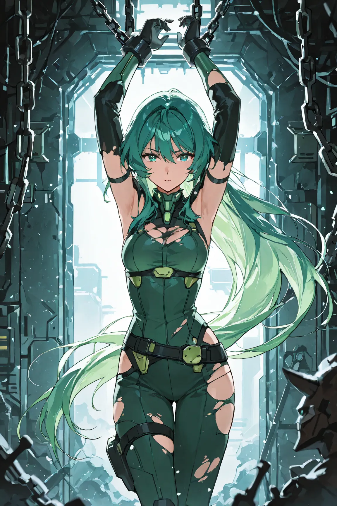 A science fiction woman with long green hair chained to a dungeon wall, torn clothing, in full view in a highly detailed anime style