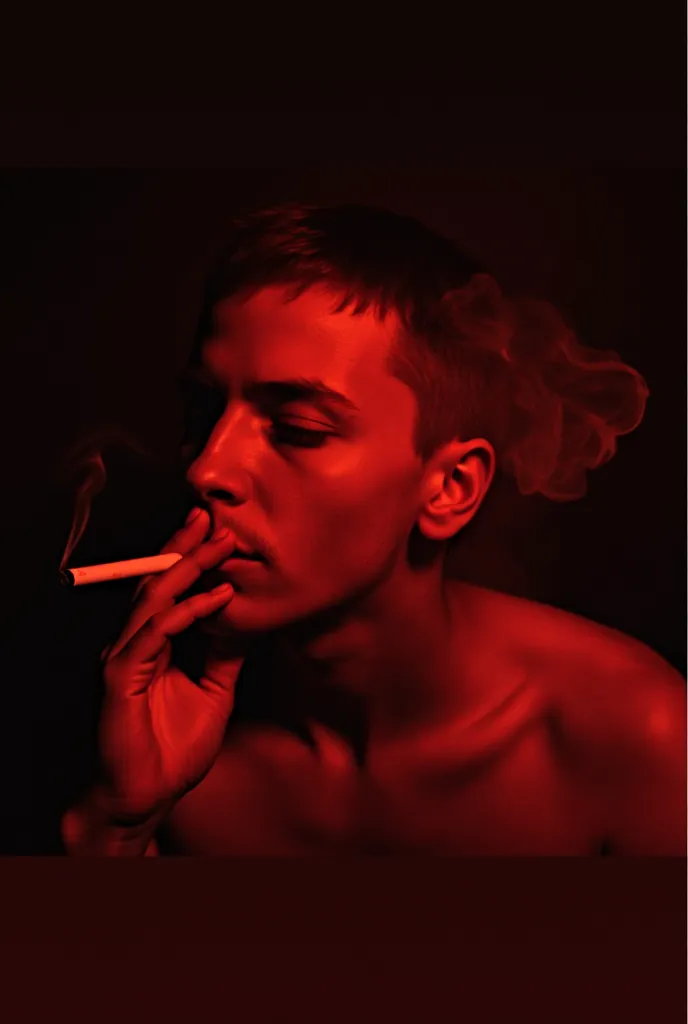 The image shows a person with short hair, wearing no shirt, and smoking a cigarette. The lighting creates a moody, dramatic effect with a red tint, while the smoke rising around them adds to the intensity of the moment. The expression on their face suggest...