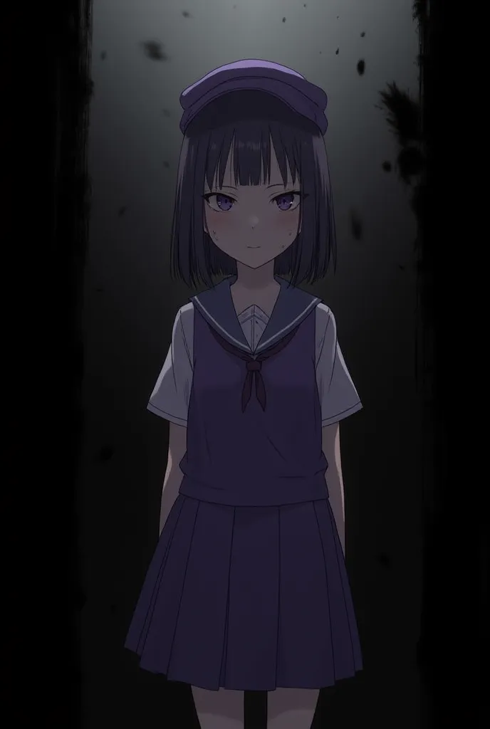 A girl with her wears a cap, She has short black hair .
She wears a purple school uniform.

Full body image of her.

Wallpaper,, HD,wallpaper ,BLACK BACKGROUND, Horror, terror.