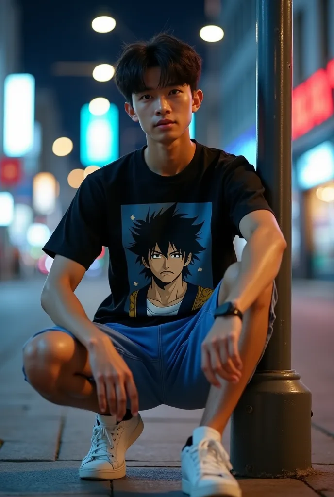 Professional photo shows a handsome, clean-haired, white-faced Asian man in a 20-year-old wearing a black t-shirt with a picture of sasuke wearing blue cargo shorts and white sneakers, was posing sitting leaning against a street pole in the middle of the c...