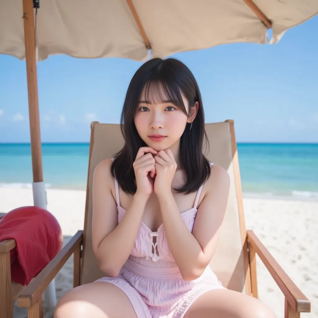 High resolution photo of a beautiful age girl with fair skin, sitting on a wooden chair under a large beach umbrella, head straight and body facing the camera, staring at you. Completely naked body, sitting with face forward and legs wide apart, revealing ...