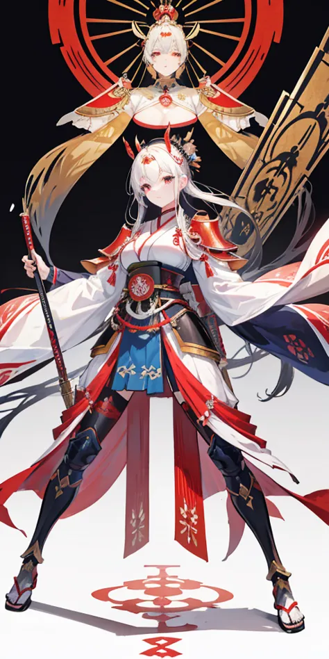 Empress Jingu　1881　Ancient Japan　Warrior in armor　with a brave and majestic look　 character design　５Head to Body　full body　T-pose　has a white background　battlefield　 tarot style 　Cartoon images of women　 Show off your face  　masterpiece　top quality　best qu...