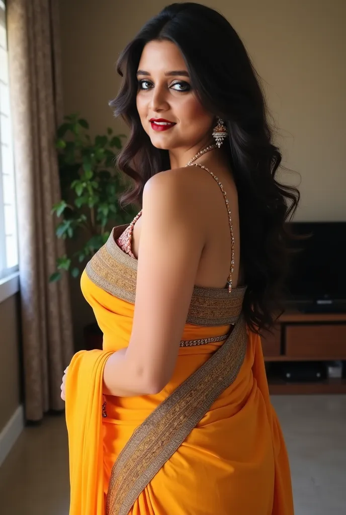 A 35 years old indian milf, standing in her middle class indian apartment. Looking at the camera, body type hourglass, hige boobs, huge cleavage. Wearing a chiffon saree and sleeveless blouse. Minimal jewellery. 