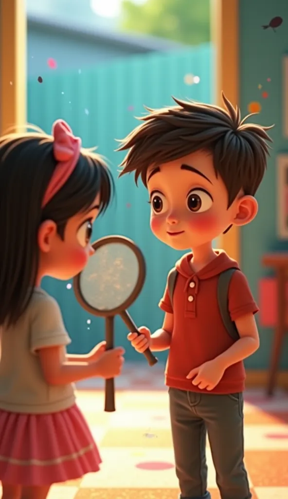 An animated scene of a curious girl looking at a boy with a puzzled expression, as he holds a fly swatter in his hand.
