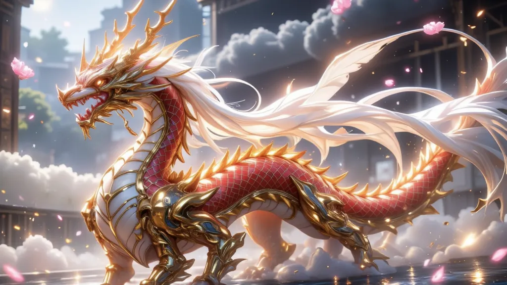 Prompt:
"A majestic Eastern dragon with a long, serpentine body, covered in shimmering golden-red scales that glow like molten fire. Its antler-like horns radiate celestial energy, and its eyes gleam with ancient wisdom. Swirling clouds surround its body a...