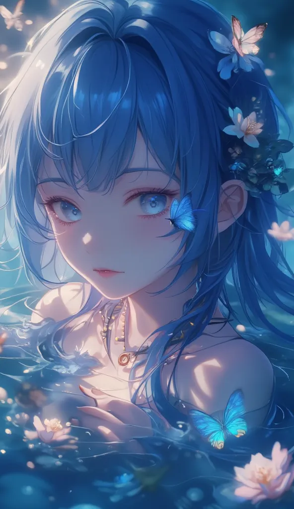 masterpiece,best quality, aberration,film grain,high contrast,color contrast,cold colors,gritty,graphite \\\\(medium\\\\),
isekai joucho,1girl,butterfly,bug,long hair,hair ornament,solo,blue butterfly,hair flower,water,partially submerged,flower,bare shoul...