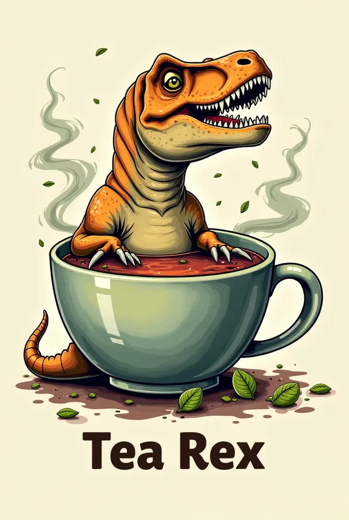 create an illustration for a t shirt, featuring a T-Rex relaxing inside a giant cup of tea. Text must be below the draw and be TEA REX