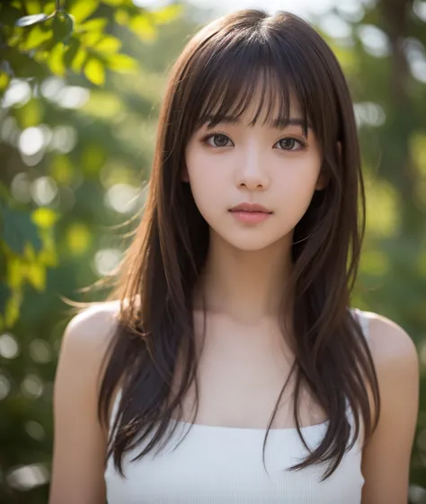 best quality . Realistic portrait of a young woman with long dark hair. The bangs flow slightly to the side,  It looks soft and natural . The hair is loose, has waves, and is smooth、has a subtle shine, that gently frames her face. Soft and natural lighting...