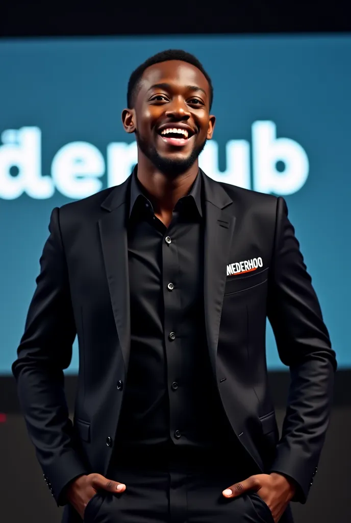 An up-close image of a young, fair-skinned African person giving an animated talk about artificial intelligence. The person is dressed in a black  suit  with the words ‘MEDERHOO' clearly printed on it. He put both hand into his pocket facing camera  , spea...