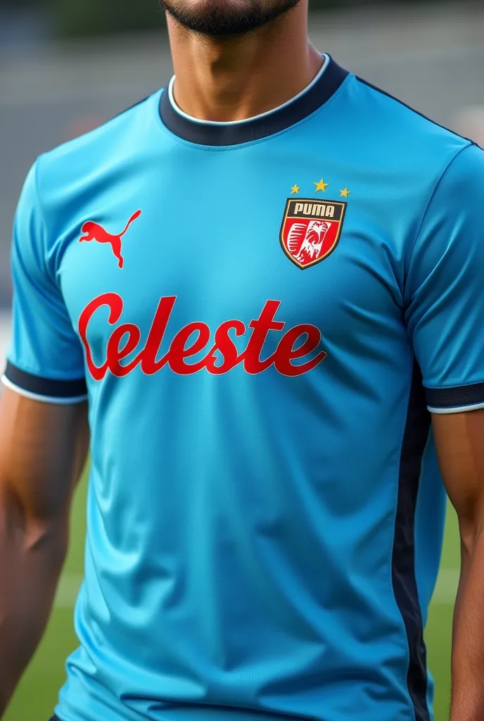 Celeste soccer t-shirt brand puma with 100 year old logo