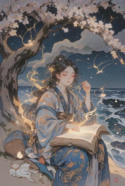 lyh_niji
1girl
lyh, liujiyou, fushihui, A wizard's apprentice sits under a sakura tree and anxiously reads a Glowing Magical Forbidden Book in close-up, on a high seashore, in the background you can see a raging ocean, surging waves, a dark twilight sky, l...