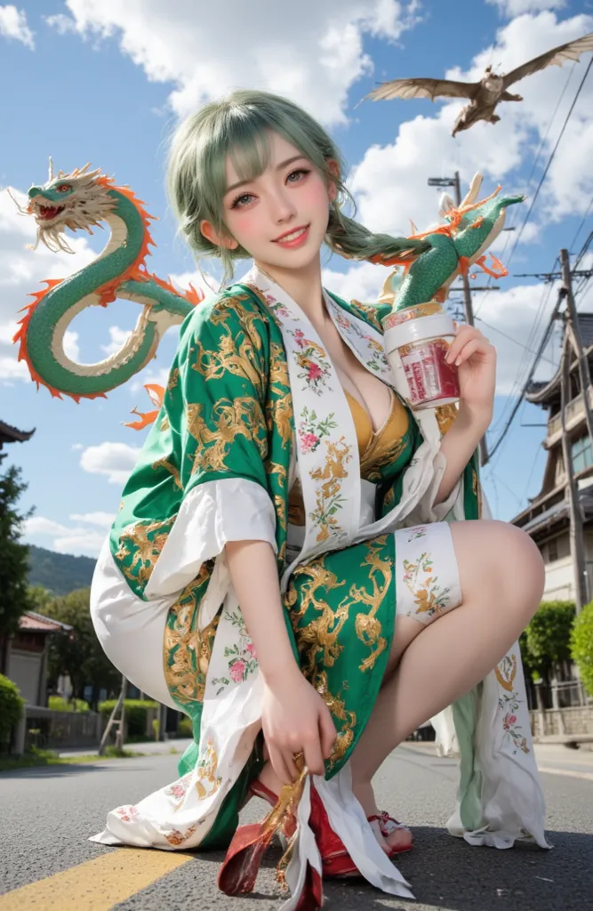 ((realistic on the hand, highest resolution, top quality, 8k, perfect anatomy, body)),  full body, Russian beauty with lovely big boobs, green hair, green eyes,  Clean skin, pale skin, A costume with a colorful dragon pattern, Japan too, Sparkling Road : 1...