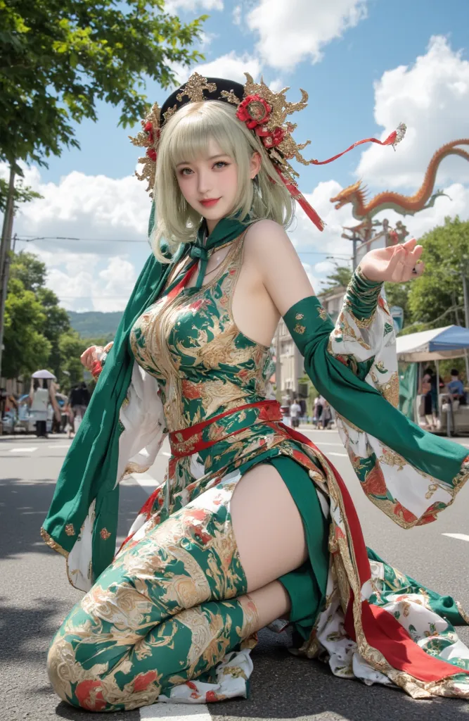 ((realistic on the hand, highest resolution, top quality, 8k, perfect anatomy, body)),  full body, Russian beauty with lovely big boobs, green hair, green eyes,  Clean skin, pale skin, A costume with a colorful dragon pattern, Japan too, Sparkling Road : 1...