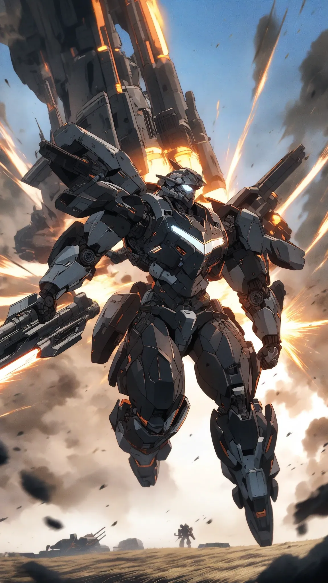 Mechanic Warrior  ， Strong body  ， Wearing sci-fi armor ，armed with energy weapon， opens the field with a floating cannon on the back，Flying in the Air ，Hi-tech style  ，metallic luster，mechanical joint， Heavy combat atmosphere，anime style