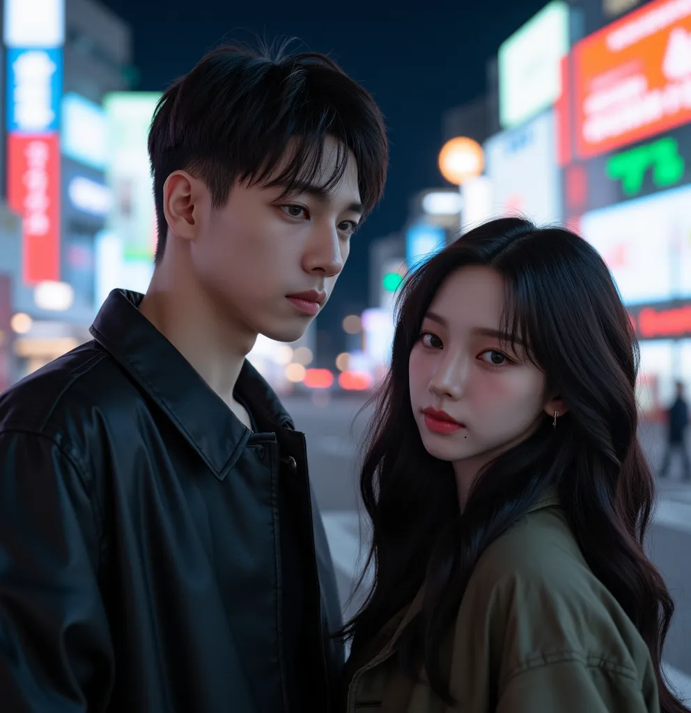 a handsome asian man and a beautiful asian girl, 1boy, 1girl, casual wear, both have jacket, night background in Shibuya, dark hair, flawless skin, boy and girl are same height (best quality,4k,8k,highres,masterpiece:1.2),ultra-detailed,(realistic,photorea...