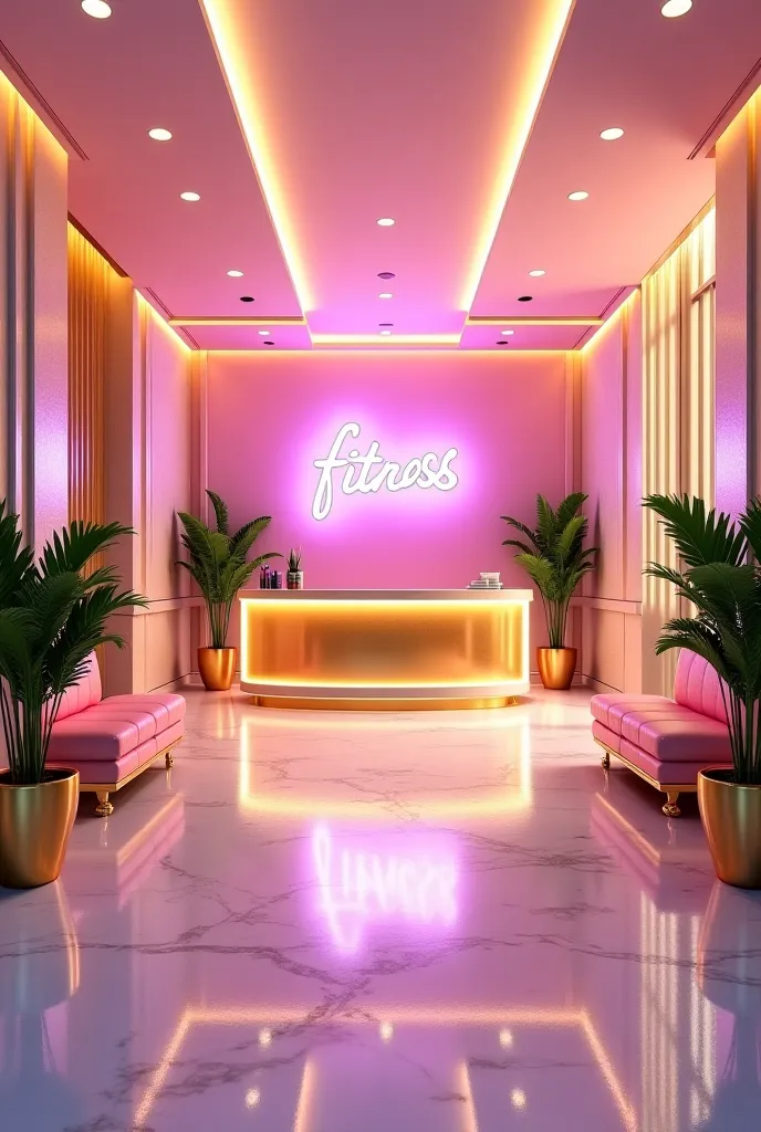 A glamorous fitness club lobby in the signature L.O.L. OMG style, featuring a sleek reception desk with golden accents, pastel-colored walls, and shimmering details. The floor is polished and reflects the soft glow of elegant lighting. A stylish lounge are...