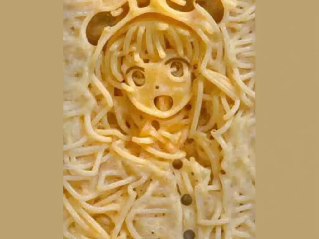 Hyper-realistic anime girl made of spaghetti, intricate pasta texture, surreal food art, soft lighting, warm tones