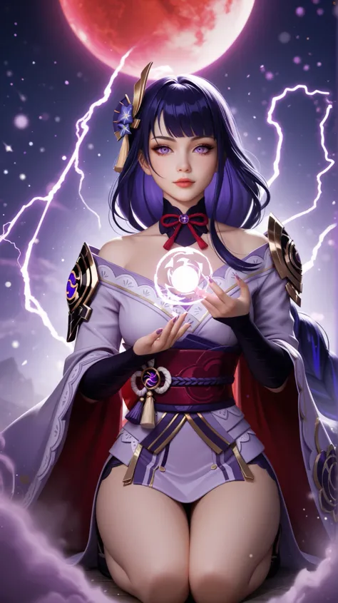 Raiden Shogun from Genshin Impact in a dramatic, mystical pose, kneeling in a dark, ethereal battlefield surrounded by massive red torii gates. She is drawing her glowing purple katana directly from the center of her chest, precisely between her breasts, a...