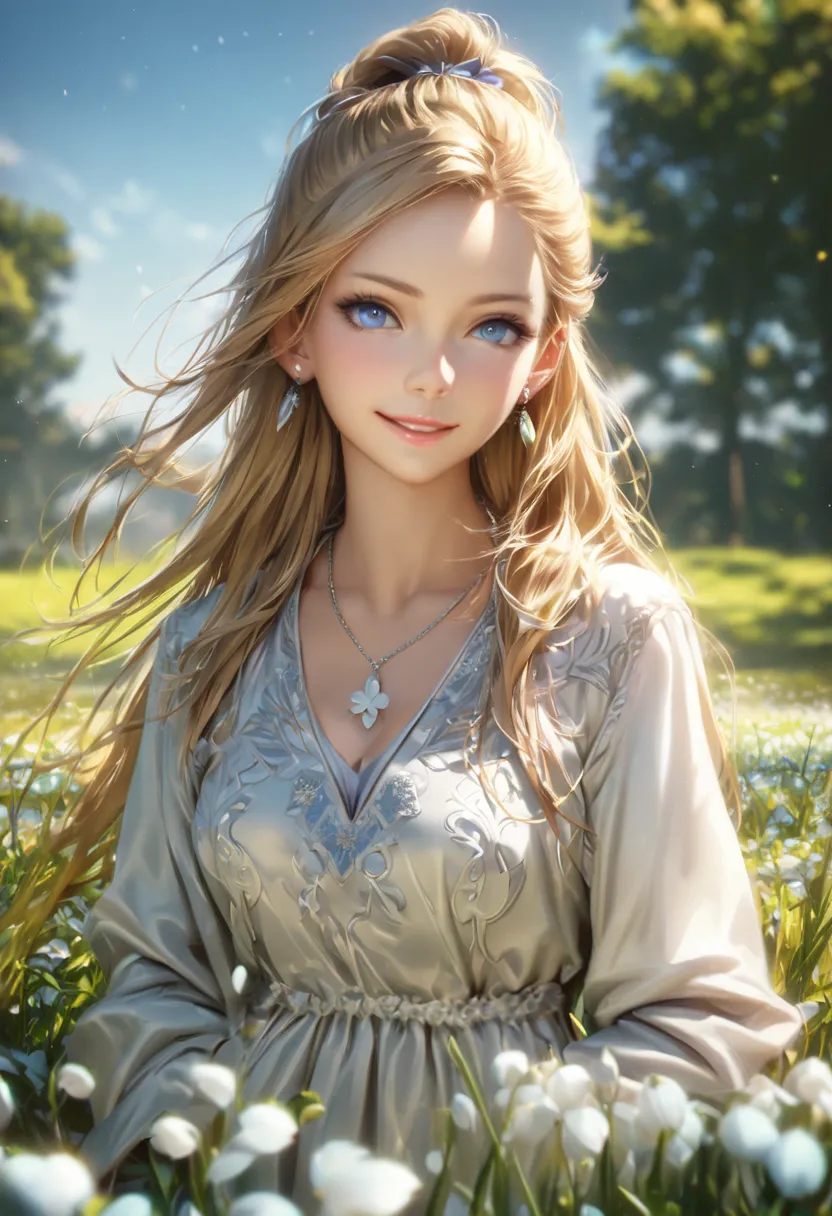 Full-body portrait of a beautiful fashion model (with kind blue eyes, silky blonde hair, long limbs, wearing snowdrop earrings and jewelry necklace with silver heart-shaped pendant) standing in a magnificent meadow with snowdrop flowers blooming under the ...