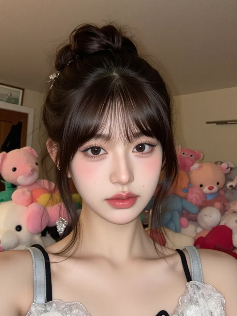 A kpop girl, korean, bangs, mid black hair, stunning, unique visual, looks like Jang Wonyoung, gorgeous,  Lucious hair, in a bun, showing off plushie collection, selfie, instagram live like