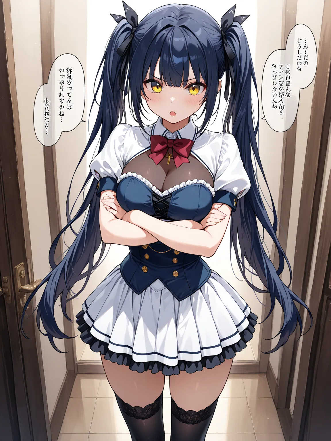 1girl, dark blue hair, long hair, twintails, yellow eyes, white hair ribbon, medium breasts, white shrug (clothing), puffy sleeves, short sleeves, wing collar, red bowtie, blue underbust, white strapless dress, frilled dress, black see-through cleavage, wh...