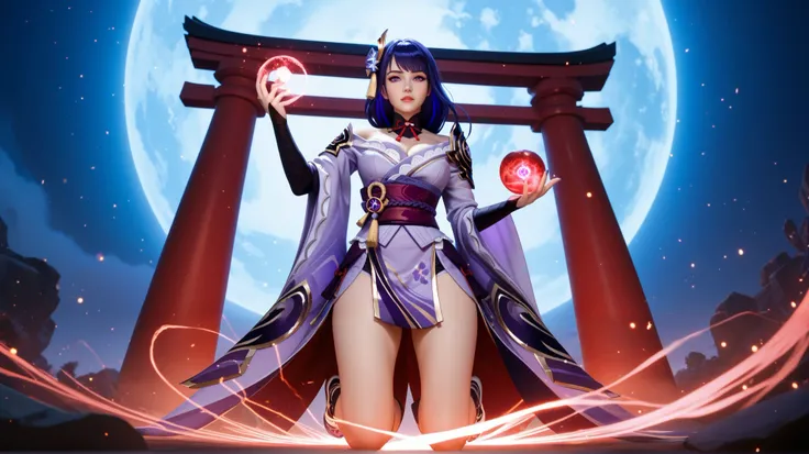 Raiden Shogun from Genshin Impact in a dramatic, mystical pose, kneeling in a dark, ethereal battlefield surrounded by massive red torii gates. She is drawing her glowing purple katana directly from the center of her chest, precisely between her breasts, a...