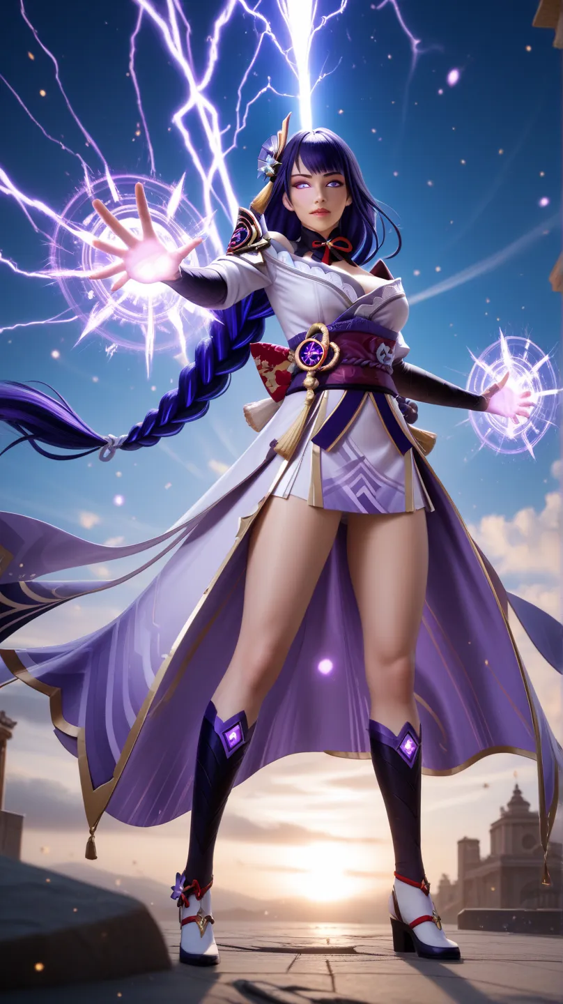 Raiden Shogun from Genshin Impact standing in a powerful stance, summoning her ethereal, otherworldly guardian. Massive, glowing purple hands with intricate arcane symbols float around her, manifesting through crackling violet lightning. The guardian's spe...