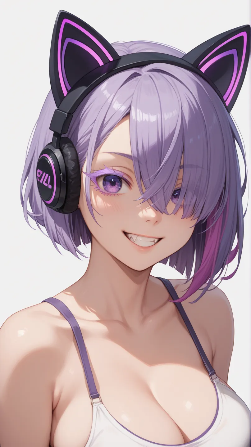 High Resolution, Solo, 1girl, Simple background, Hair Between Eyes, Best Quality, Anatomically Correct, Short Hair, Bangs, Purple Hair, Multicolored Hair, Hair Over One Eye, Hair Over Shoulder, Asymmetrical Hair, Cat Ear Headphones, Large breasts, Purple E...