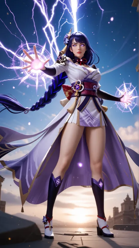 Raiden Shogun from Genshin Impact standing in a powerful stance, summoning her ethereal, otherworldly guardian. Massive, glowing purple hands with intricate arcane symbols float around her, manifesting through crackling violet lightning. The guardian's spe...
