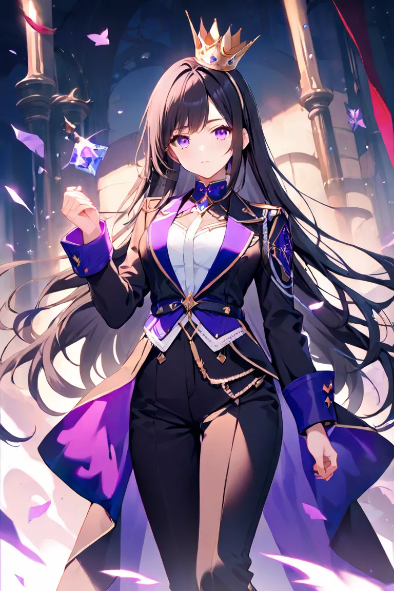 1girl, solo, long hair, black hair, long sleeves, standing, purple eyes, jacket, pants, crown