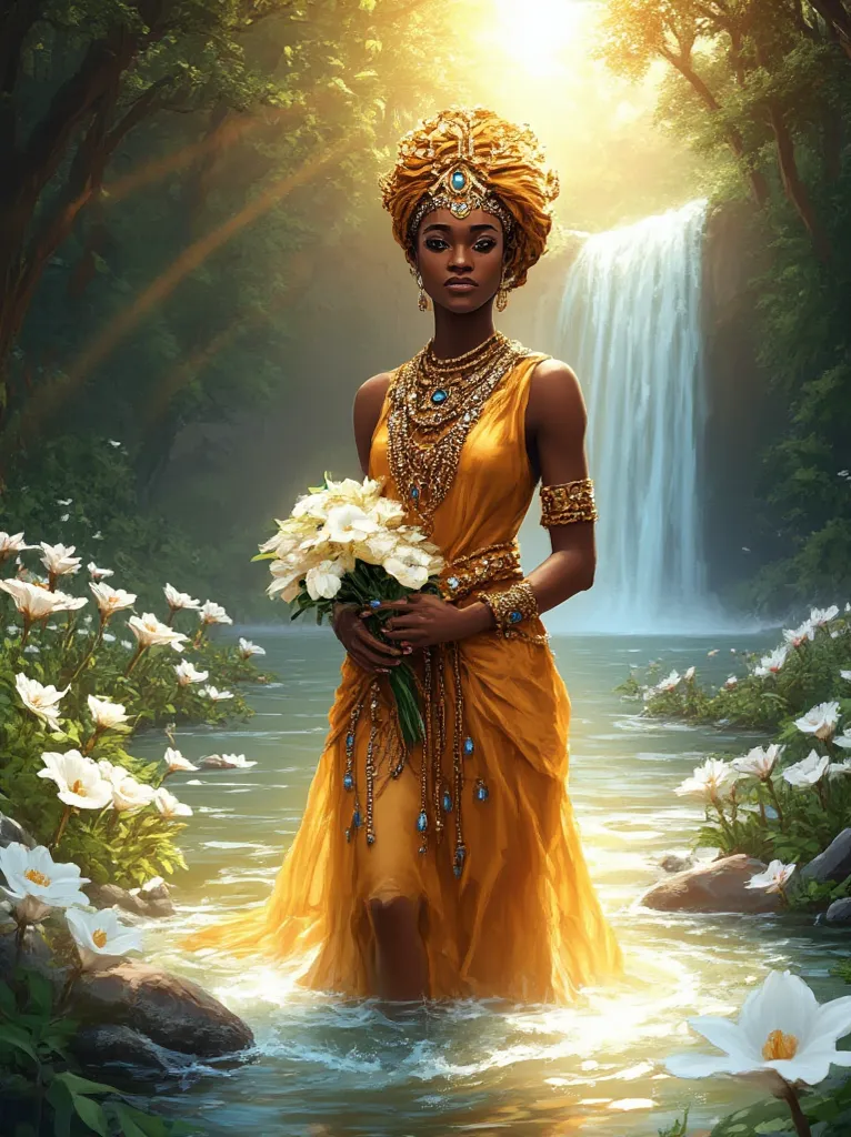 A majestic African goddess with dark skin, represented in a drawing. She wears a luxurious flowing gold costume, adorned with delicate chains and shiny jewels that reflect the light around her. Her ornate golden crown and turban Stylized give it an appeara...