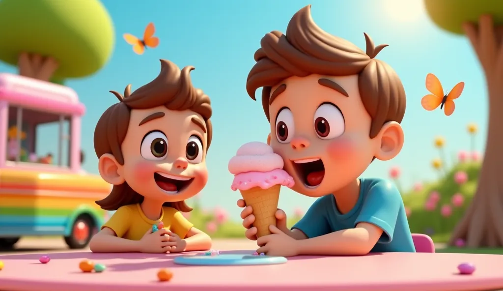 A vibrant and eye-catching 3D cartoon-style scene of the cute boy’s ice cream cone dripping, with a surprised expression on his face as he tries to catch the melting ice cream with his tongue. The cute girl giggles while holding her cup safely. The backgro...