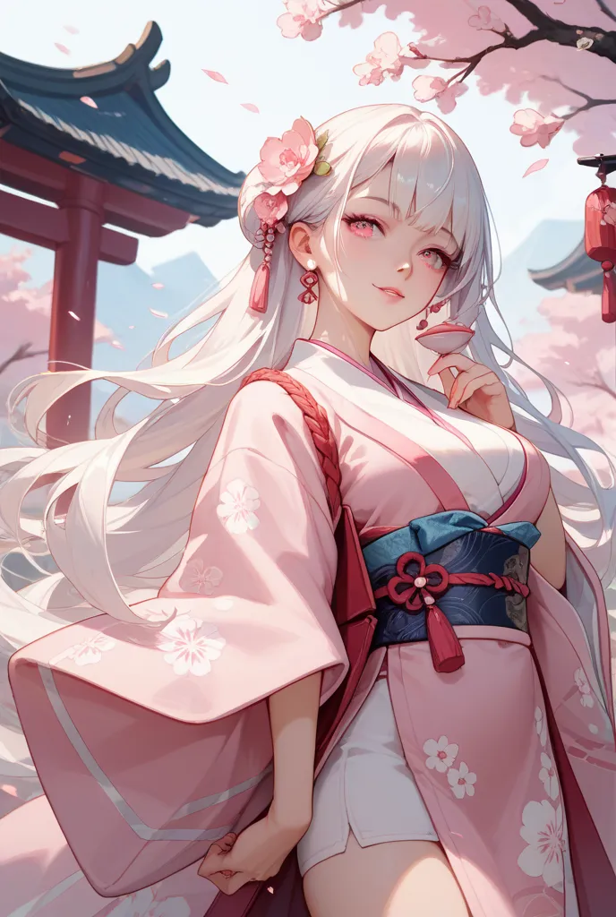 White long hair pink eyes white and pink kimono